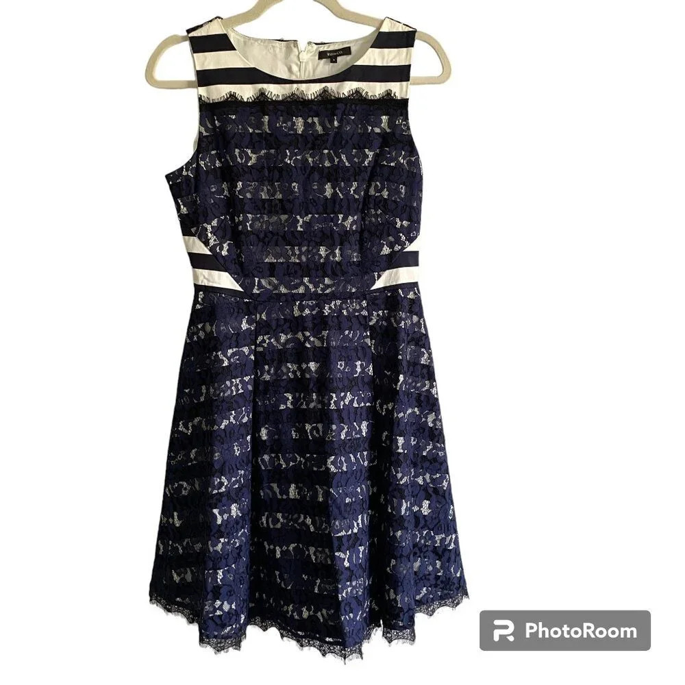 NWT RW&Co Cotton Blend Nautical Lace Striped Navy & White Cocktail Dress Size 6